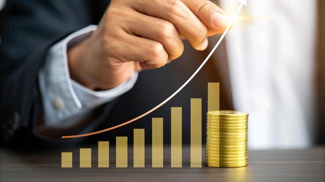 Hand Illustrates Upward Graph with Stacked Coins Symbolizing Financial Growth and Business Rebound in Q4 Rebound