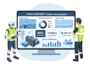 AI powered robot assists engineer in real time energy management and system optimization inside a modern data center facility isolated cartoon