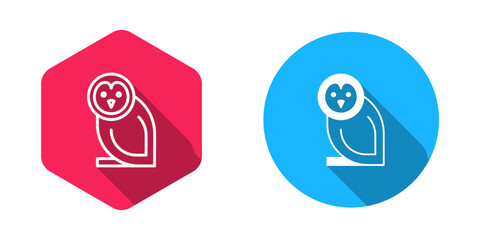 Filled and outline Owl bird icon isolated with long shadow background. Animal symbol. Vector