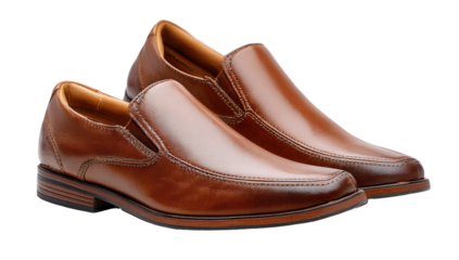Two brown leather slip-on dress shoes,  polished and well-maintained, presented in a studio shot against a plain backdrop.  