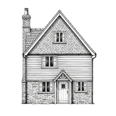 Detailed black and white drawing of a classic brick and siding house