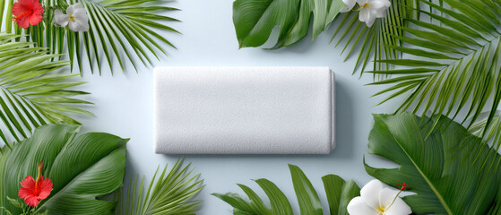 white towel surrounded by tropical leaves and flowers creates serene spa vibe