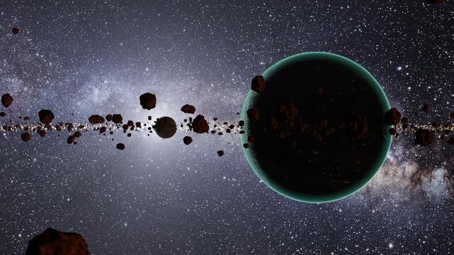 Green alien planet surrounded by asteroids and a planetoid in a nebula - 3D illustration