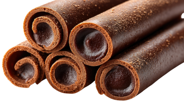 Close-Up of Delicious Chocolate Fruit Leather Rolls Twisted Together Showcasing Texture and Rich Brown Colors on a White Background