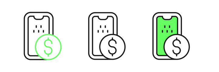 Set line Mobile banking icon isolated on white background. Transfer money through mobile banking on the mobile phone screen. Vector