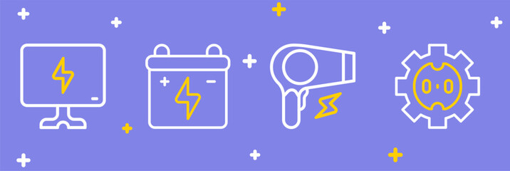 Set line Electrical outlet, Hair dryer, Car battery and Smart Tv icon. Vector
