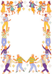 Dancing happy people. Family holiday, festival disco party. Christmas retro vintage style rectangular frame design for greeting card