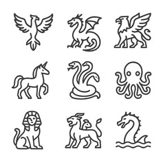 Fototapeta premium Legendary Creature Icons. Outline icon set of legendary creatures: phoenix, dragon, griffin, unicorn, hydra, kraken, sphinx,