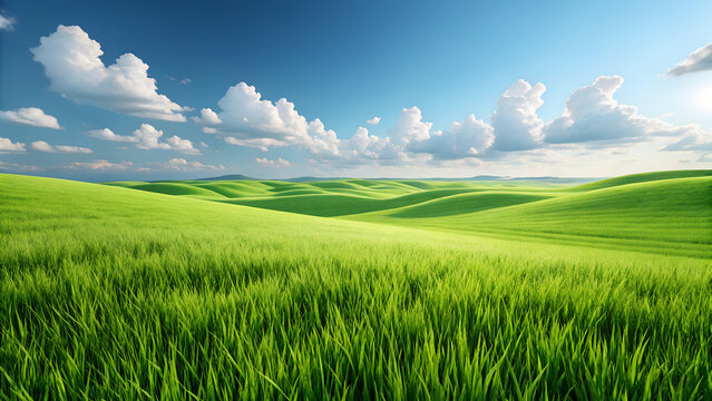 A bright green grassy field with rolling hills under a blue sky filled with fluffy white clouds
