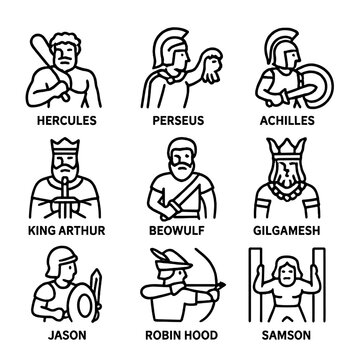Legendary Heroes Icons. Outline icon set of legendary heroes: Hercules, Perseus, Achilles, King Arthur, Beowulf, Gilgamesh, Jason,