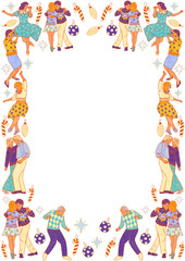 Dancing happy people. Family holiday, festival disco party. Christmas retro vintage style rectangular frame design for greeting card