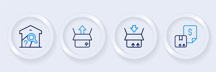 Set line Waybill, Carton cardboard box, Unboxing and Warehouse check icon. Vector