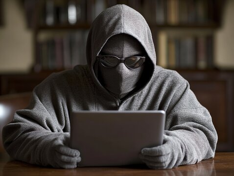 selective focus masked cybercriminal at laptop