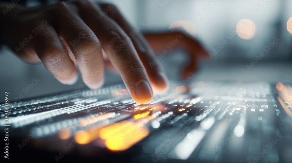Wall mural close-up of a person's hand operating a digital touchscreen control panel with illuminated buttons a