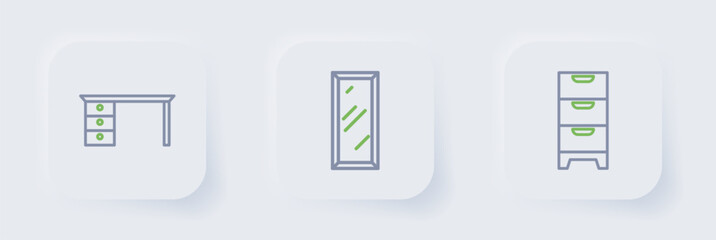 Set line Chest of drawers, Big full length mirror and Office desk icon. Vector
