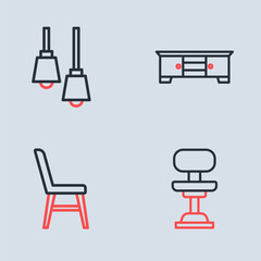 Set line TV table stand, Chair, Office chair and Library bookshelf icon. Vector