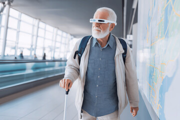 Blind senior man navigating airport with smart glasses and white cane