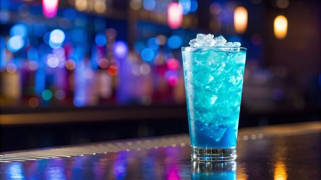 A tall glass filled with a stunning blue cocktail and crushed ice is placed on a sleek bar surface. The drink's bright color contrasts beautifully with the out-of-focus background of neon bar lights