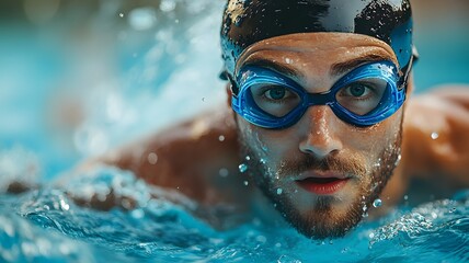 Fototapeta premium Professional swimmer diving top view with black cap and blue goggles, commercial-grade studio lighting with cinematic color grading, hyper-detailed magazine-style sports photography.