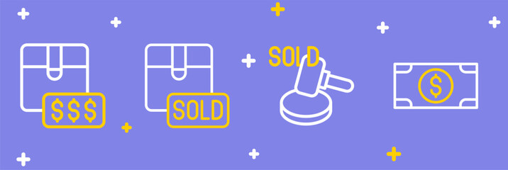 Set line Stacks paper money cash, Auction hammer, Sold and Item price tag with dollar icon. Vector