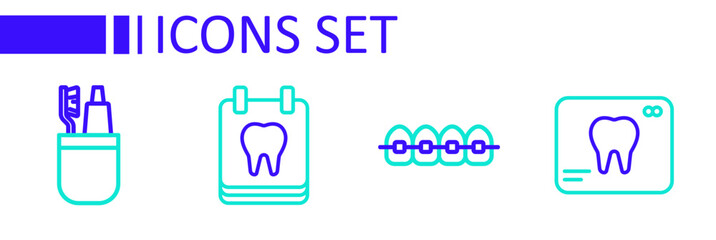 Set line X-ray of tooth, Teeth with braces, Calendar and Toothbrush and toothpaste icon. Vector