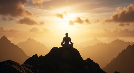 Fototapeta premium Silhouette of meditative figure at sunrise against majestic mountain range background