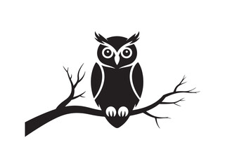 Black owl perched on a tree branch isolated on white background.