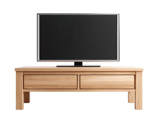 A flat-screen television mounted on a light-brown wooden entertainment stand with two drawers