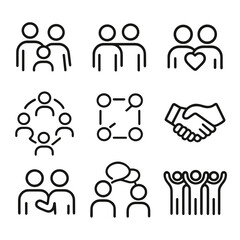 Life Relationships Icons. Outline icon set of life relationships: family, friendship, love, community, teamwork, handshake,