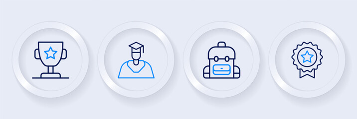 Set line Medal with star, School backpack, Graduate and graduation cap and Award cup icon. Vector