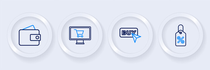 Set line Discount percent tag, Buy button, Shopping cart monitor and Wallet icon. Vector