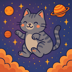 Cute cartoon space cat floating among planets, stars, and clouds in night sky vector