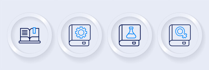 Set line Book about women, Chemistry book, User manual and Open icon. Vector