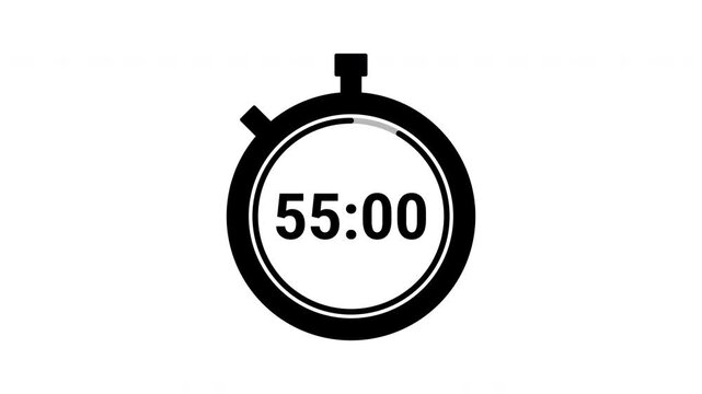Clock timer in one minute countdown on white background. Timer 60 second. 4K video