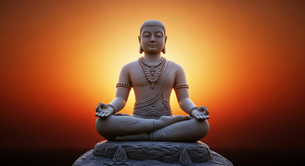 Serene buddha statue meditating in peaceful golden sunset ambiance creating a tranquil and