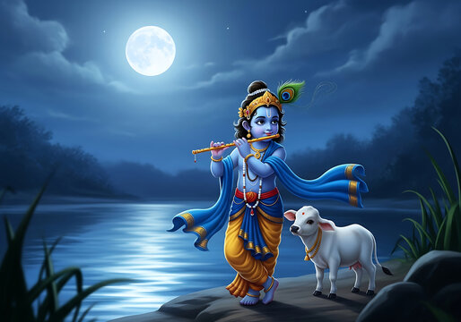 Lord Krishna with cow under full moon and clouds Hindu god