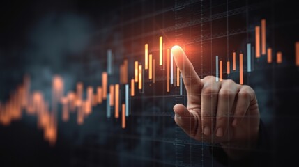 Digital financial graph chart with upward trend lines and a finger pointing at glowing data points representing data analysis and stock market growth visualization