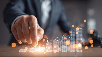 Businessman in suit pointing at digital holographic bar chart with glowing icons and financial data in modern office environment for financial analysis and growth concept