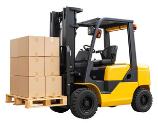 Yellow forklift carrying cardboard boxes on wooden pallet, side view, isolated on transparent background.