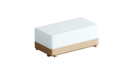 A rectangular, light-colored object with a wooden base.  Simple, modern design, light and airy