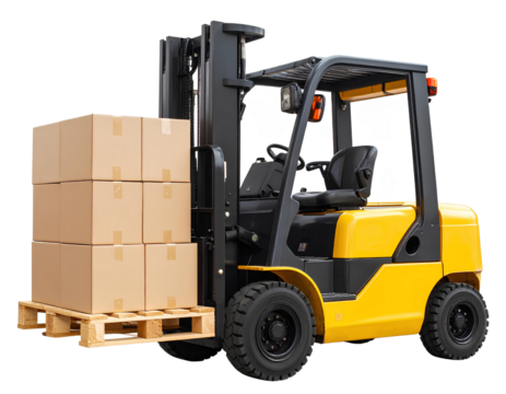 Yellow forklift carrying cardboard boxes on wooden pallet, side view, isolated on transparent background.