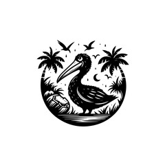 Pelican and Soccer Ball on Tropical Beach Scene.