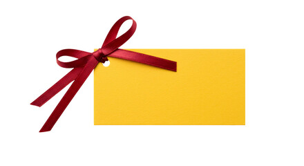 Yellow Gift Tag with Red Ribbon Bow on Black Background