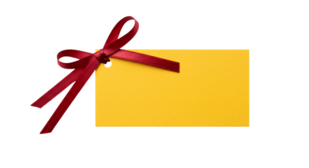 Yellow Gift Tag with Red Ribbon Bow on Black Background