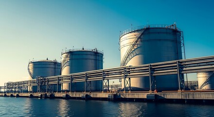 Obraz premium Large storage tanks by a body of water.