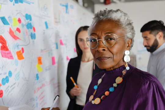 Elderly Black businesswoman reviewing marketing mockups with her design team, wearing elegant earrings and glasses, standing beside a whiteboard filled with colorful brainstorming ideas