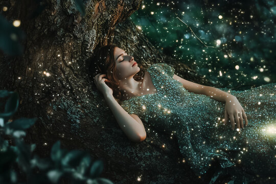 Beautiful nymph girl on a fairy tale forest background.