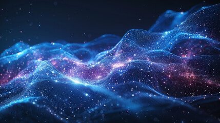 Obraz premium Abstract digital landscape with glowing particles. Dynamic data visualization. Futuristic, wave-like patterns. Complex network of interconnected points. Abstract art form.