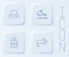 Set line Sunrise, Watering can, Colorado beetle and Garden hose. White square button. Vector