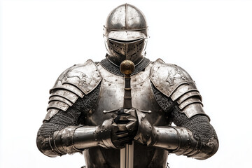 Knight man in heavy armor with a sword in hands, isolated on a white background.